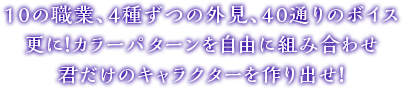 10の職業、4種ずつの外見、40通りのボイス 更に！カラーパターンを自由に組み合わせ君だけのキャラクターを作り出せ！