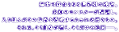 探索の舞台となる世界樹の迷宮。未知のモンスターが跋扈し、入り組んだその世界を踏破するために必要なもの。それは、キミ自身が描く、キミだけの地図―。