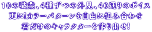 10の職業、4種ずつの外見、40通りのボイス更に！カラーパターンを自由に組み合わせ君だけのキャラクターを作り出せ！